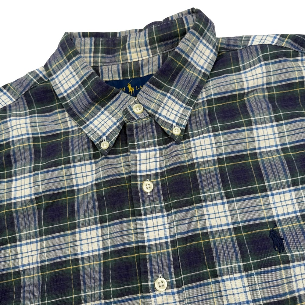 Polo Ralph Lauren Button Down Shirt Large Green Blue Plaid Long Sleeve Pony Logo